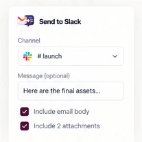 The Send to Slack panel with the channel launch selected